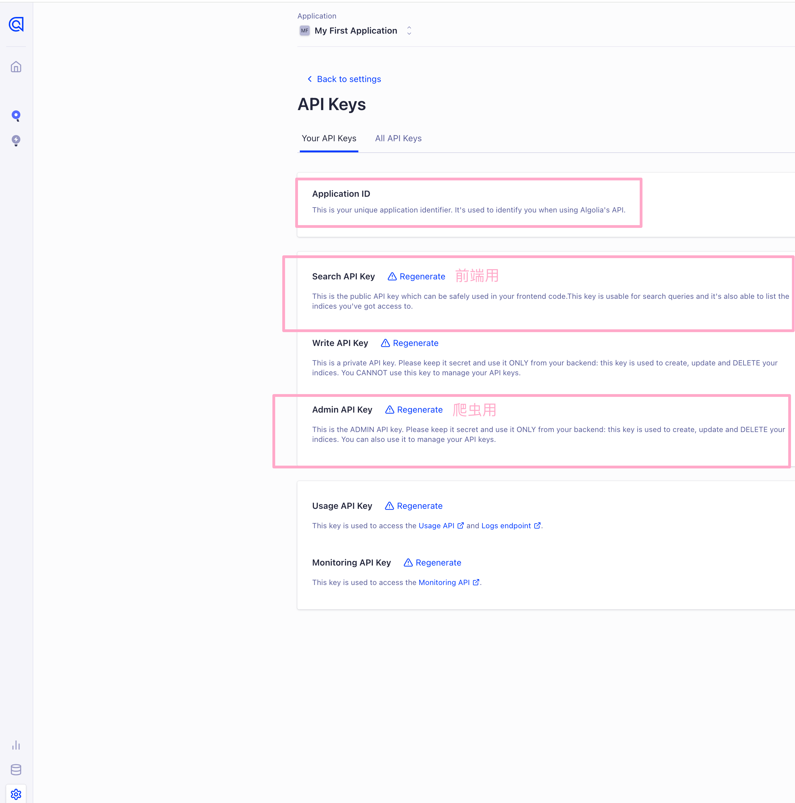 记录下Application ID、Search-Only API Key和Admin API Key